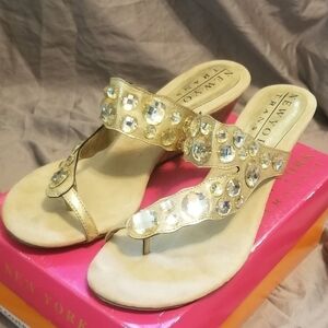 New York Transit Tan and Gold Toe Loop Wedge Sandals with Rhinestones. Size 10.